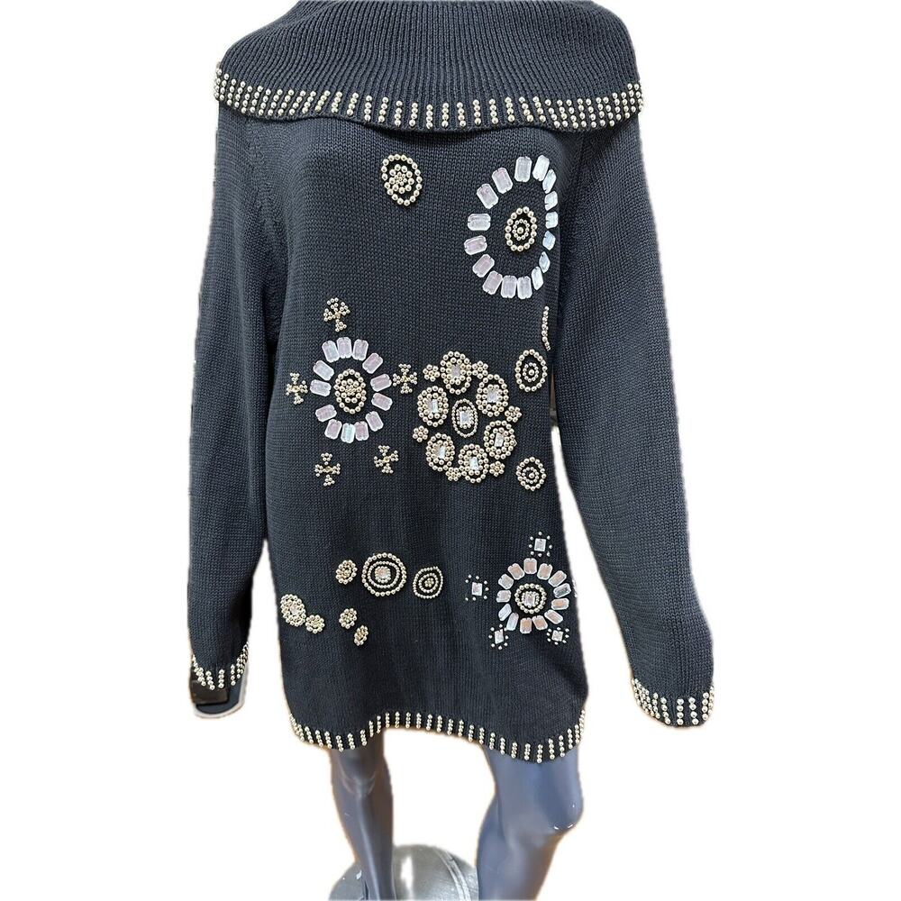 Vintage Victoria Harbour Sweater Sz L Black Gold Beads Rhinestones Tunic Large
